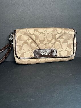 Coach Tan Signature Canvas Wristlet with Brown Leather Trim
